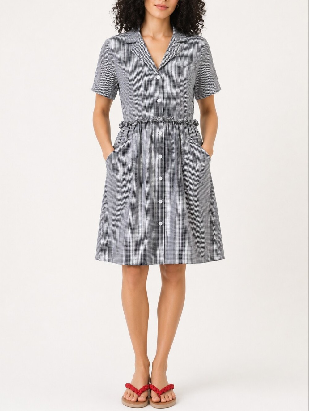 Rosie Assoulin Gingham Shirt Dress Navy Blue White Small